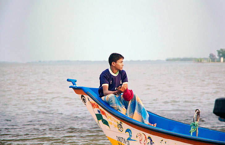 rybár, tamilčina, chlapec, loďou, more, osamelý, námorných plavidiel
