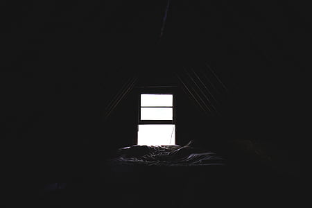 неясен, тавански, Прозорец, легло, тъмно, стая, светлина