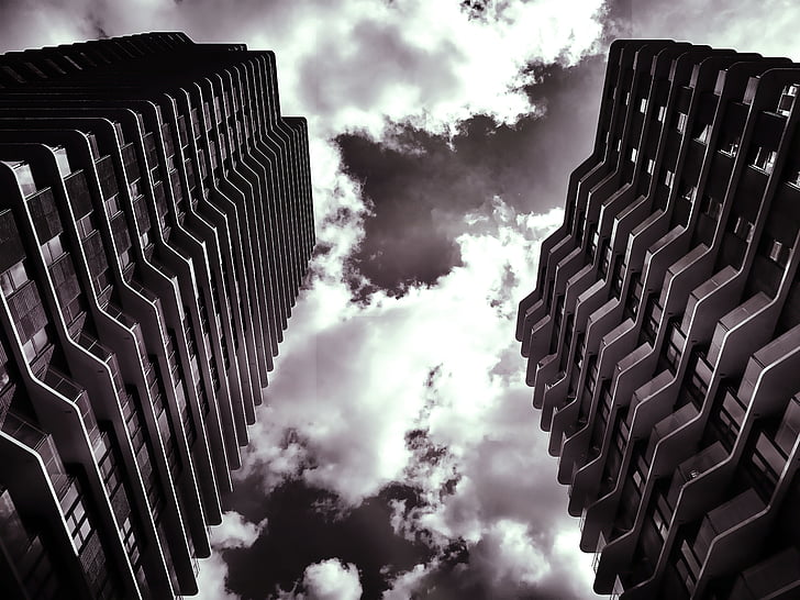 architecture, black-and-white, buildings, business, city, clouds, facade
