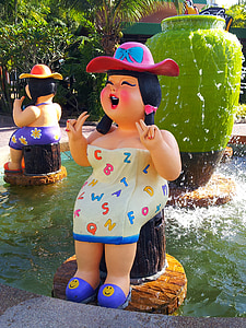 фонтан, скулптура, бебе кукла, Момиче, парк, лято, тайландски момичета