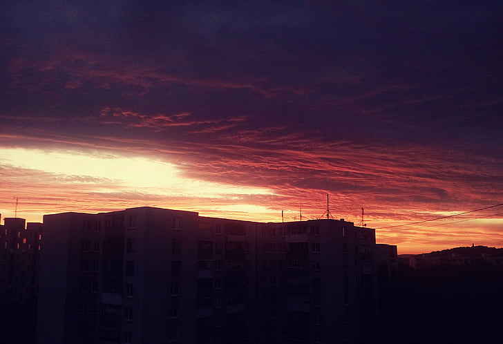 puesta de sol, ciudad, el cielo