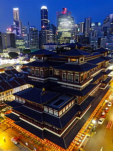 temple du Bouddha de dent relique, Singapour, Chinatown, attraction touristique, bâtiment, eau, quartier financier