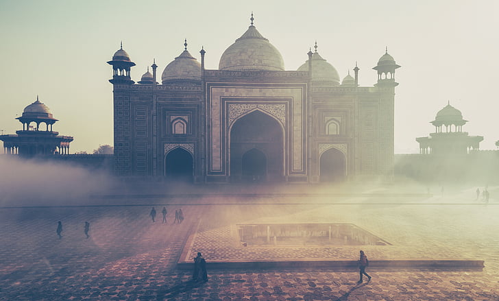 Taj mahal, Indie, budynek, mglisty, mgła, ludzie, turystyczna