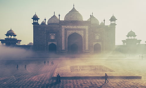 Taj mahal, Indien, bygning, tåget, tåge, folk, turist