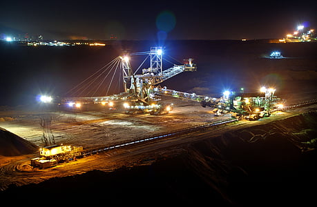 mineração a céu aberto, à noite, escavadoras de rodas balde, indústria, mineração de carvão marrom, Garzweiler ii, tecnologia