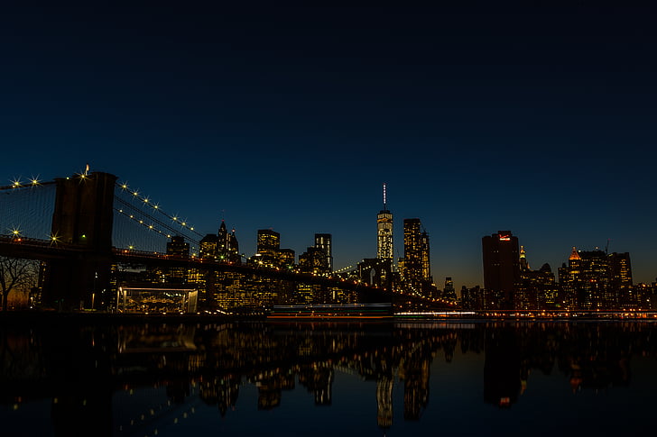 Brooklyn, mosty, noc, Čas, vodný svet, park s vodárenskou vežou, reflexie