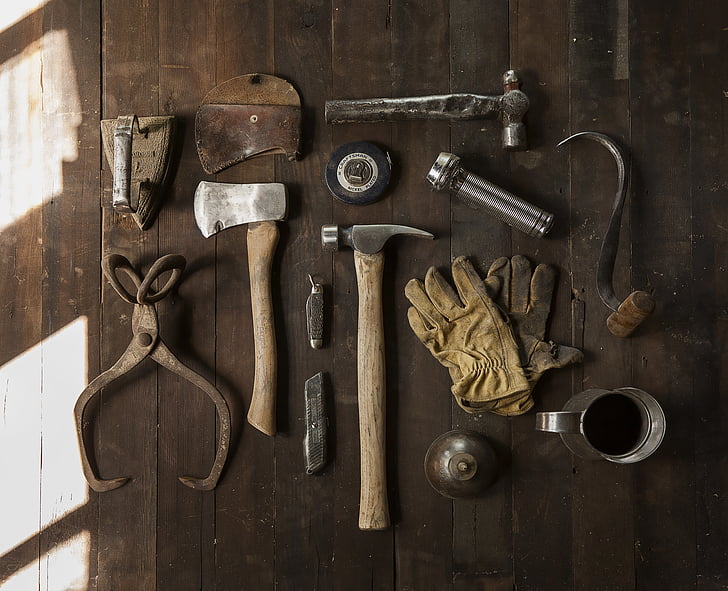 assorted, hand, tools, brown, wooden, table, daytime