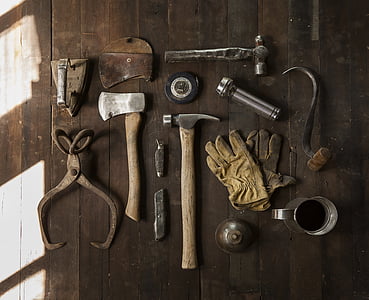 asortate, mână, instrumente, maro, din lemn, tabel, în timpul zilei