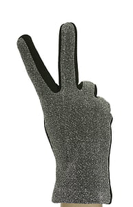 Handschuh, zwei Finger, Peace-Zeichen, Zeichen-Handbuch, Closeup, weißem Hintergrund, Gesten
