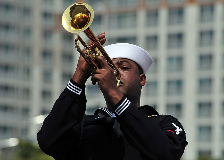 trompetist, mängib, tulemuslikkuse, muusika, trompet, vahend, mereväe