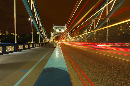 Jembatan Menara, Manchester, jalan, cahaya, gerakan, malam