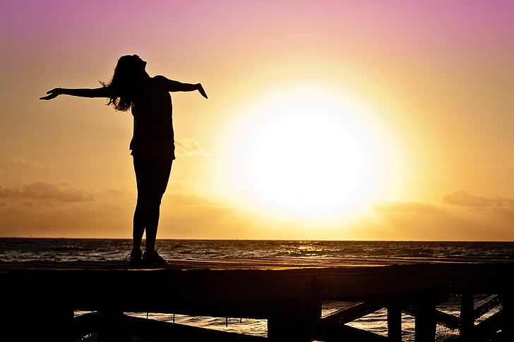 woman, girl, dom, happy, sun, silhouette, sunrise