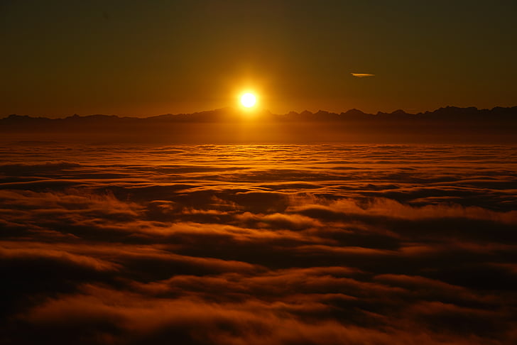 solopgang, Selva marine, skyer, havet af tåge, tågelygter, Nebula glød, skydække