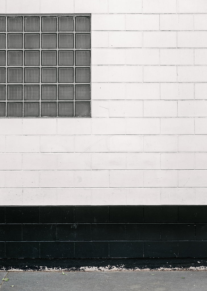 paret, maons, finestra, carrer, vidre, blanc, negre