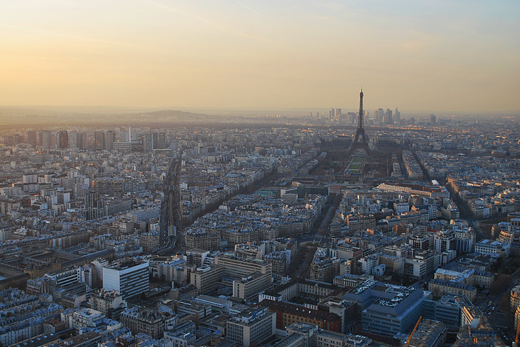 Париж, Монмартър, изглед, Айфеловата кула, птичи поглед, Зарево, залез