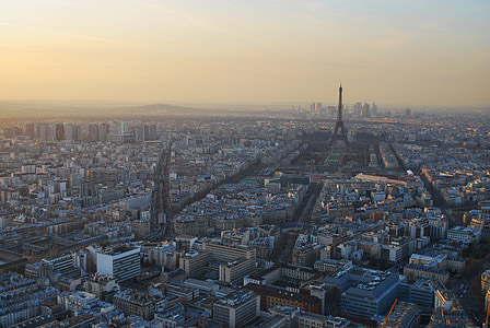 paris, montmartre, view, eiffel tower, bird's eye view, afterglow, sunset