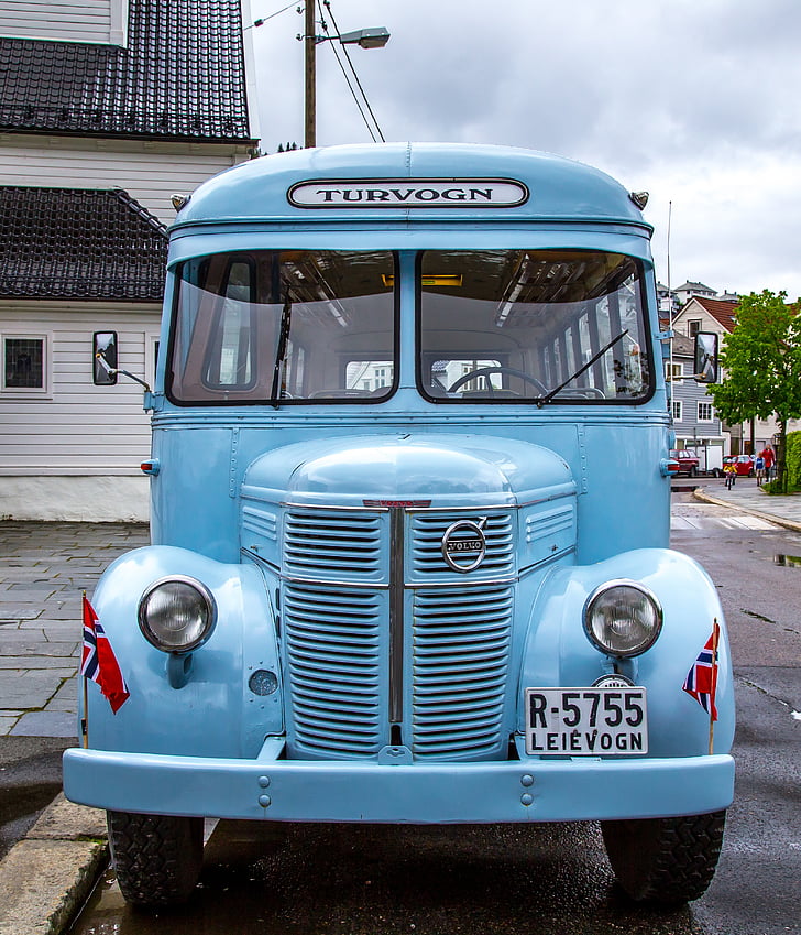 volvo, bus, blue, signs, car, retro, blue color