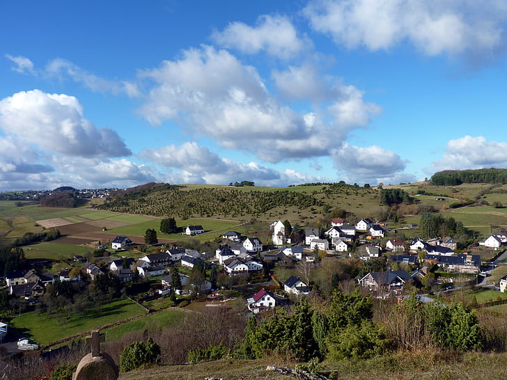 germany, eifel, village, hills, countryside, clouds