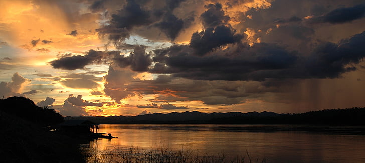 Crepúsculo, puesta de sol, Río, Mekong, Tailandia, paisaje, naturaleza