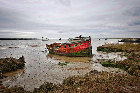 barco, pesca, varada, restos del naufragio, rojo, abandonado, barco de pesca