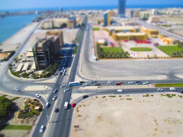 ciutat, cotxes, carrers, vehicles, edificis, colors, en miniatura