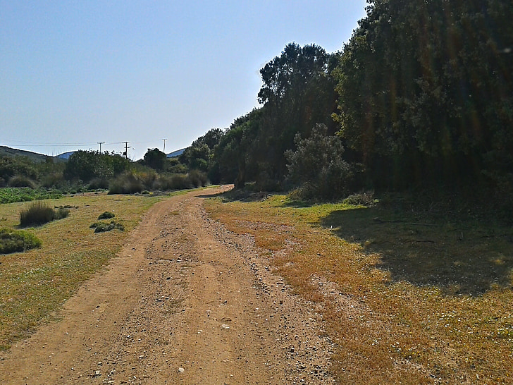 Dirt, közúti, kavics road, elérési út, vidéken, Görögország, Andros