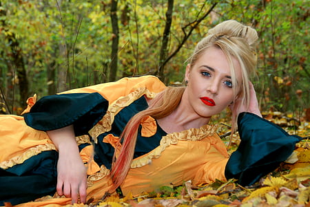 dekle, princesa, obleka, jeseni, listi, rumena, gozd