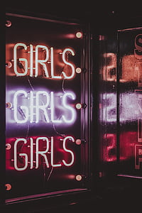jeunes filles, néon, panneaux de signalisation, texte, rouge, boîte de nuit, Purple