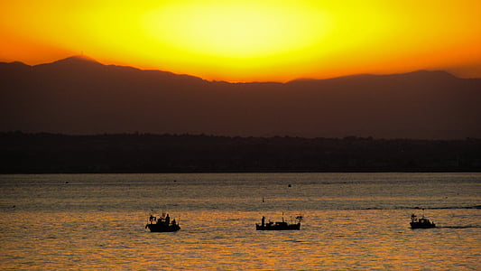 sunset, sea, boats, scenery, evening, orange, tranquil