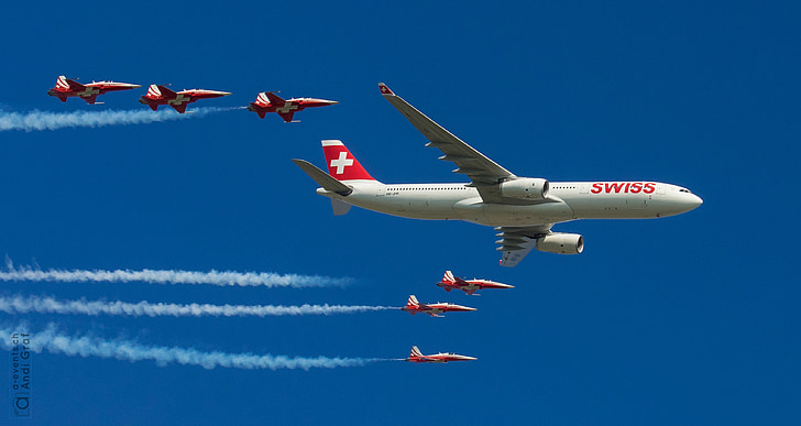 passenger aircraft, fighter jet, flugshow, swiss airline, patrol suisse, flyby