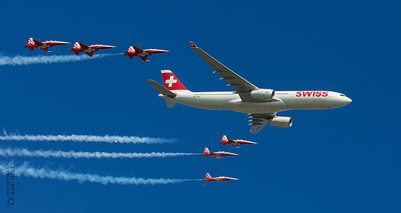 Passagierflugzeug, Kampfjet, Flugshow, Schweizer airline, Patrouille suisse, Vorbeiflug