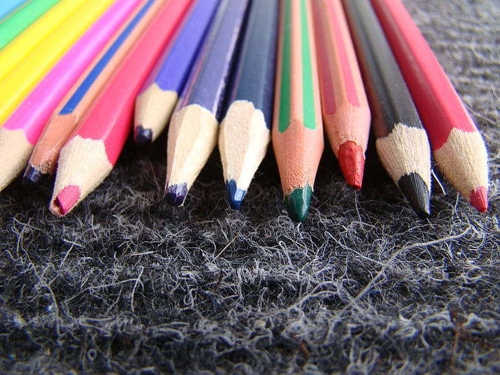 crayons, nombreux, bleu, jaune, rouge, couleur, tirage au sort