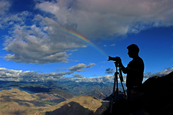 camera, clouds, dslr, mountain range, mountains, person, photographer