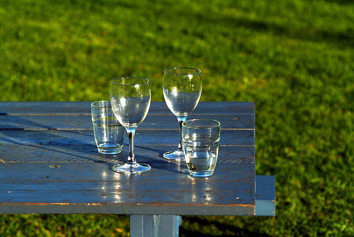 vidre, got, copes de vi, taula, pícnic