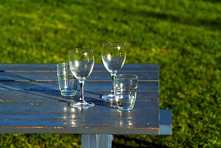 vidro, copo vazio, taças de vinho, tabela, piquenique