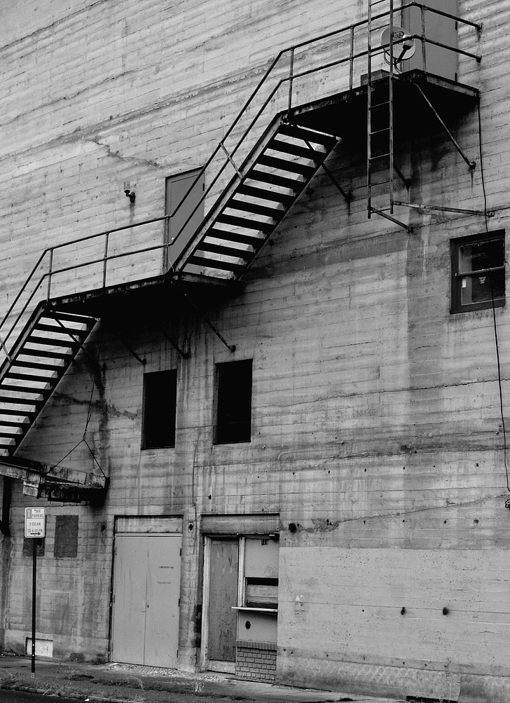 trap, zwart-wit, het platform, trap, gebouw, staal