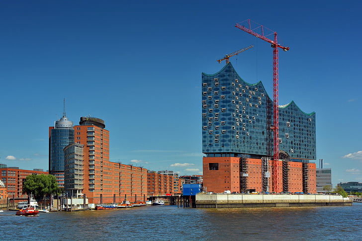 Hamburgas, Elbės filharmonijos salė, Speicherstadt, uosto, svetainė, kranas, Architektūra