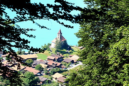 Εκκλησία, κτίριο, τοπίο, χωριό, Brienz, της λίμνης brienz, ομίχλη