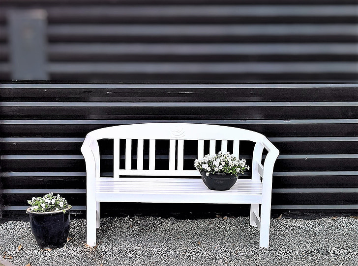 wooden bench, garden bench, seating furniture, painted white, nice place, white pansy, rest
