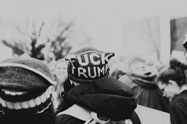 gråtoner, fotografi, gruppe, folk, Trump, Womens, mars