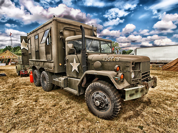 truck, army, vehicle, transportation, hdr, sky, clouds