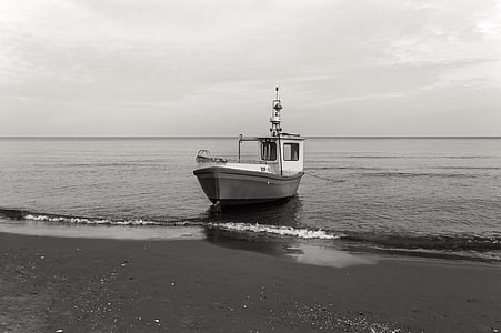 strand, zee, boot, water, Horizon, zand, zwart-wit