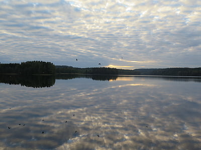 jezero, zrcadlení, večer, tiché, Příroda, Finsko, krajina