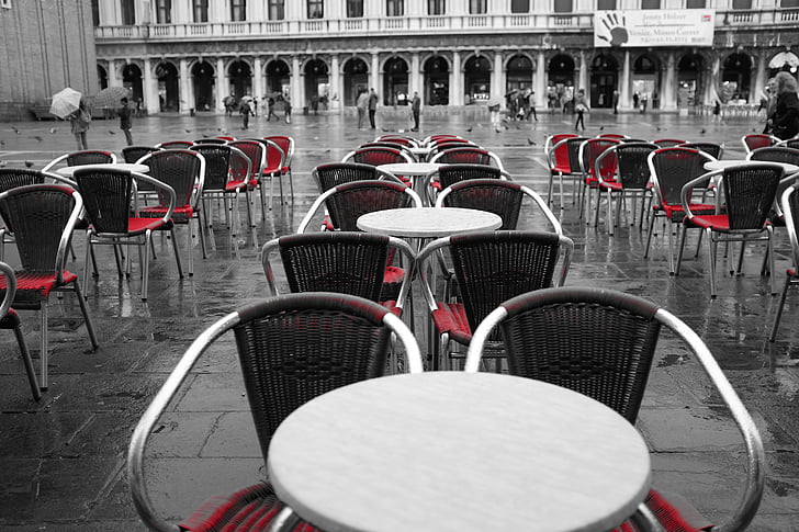 selective, color, photography, restaurant, tables, chairs, terrace