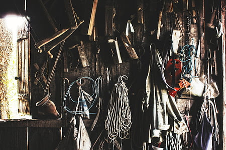 værktøjer, Shack, gamle, vintage, værktøj, træ, stald