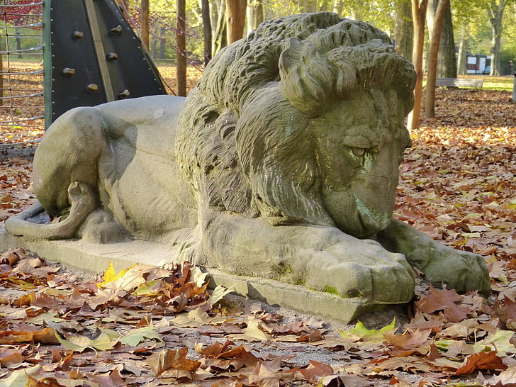 lion, stone, stone sculpture, statue, park