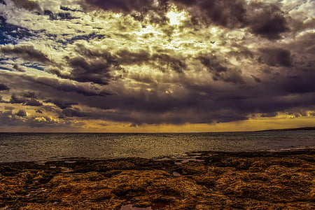Playa, Rocky, cielo, nubes, tormentosa, mar, naturaleza
