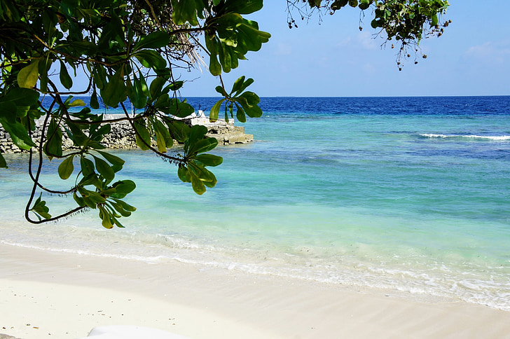 Малдиви, остров, синьо, вода, курорт, море, плаж