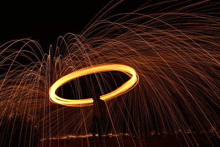 steel wool, lights, fireworks, circle, night, amazing, spark