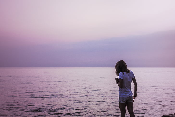 paz, Océano, agua, púrpura, Playa de la mujer, puesta de sol, mar